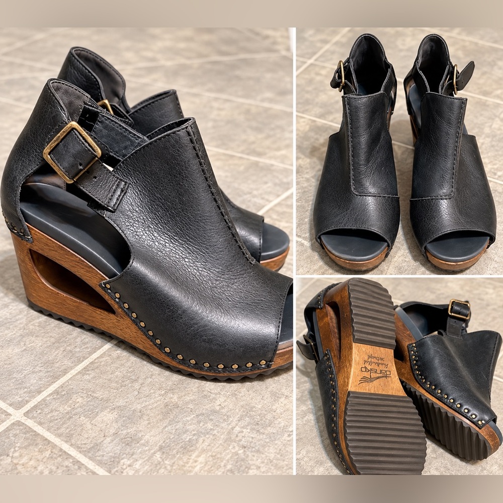 Dansko Black Leather Wedge Sandals Size 10